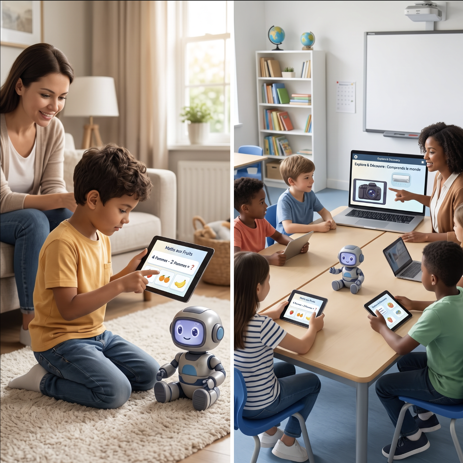 KiDI zu Hause und im Klassenzimmer im Einsatz, mit dem KiDI-Roboter-Maskottchen