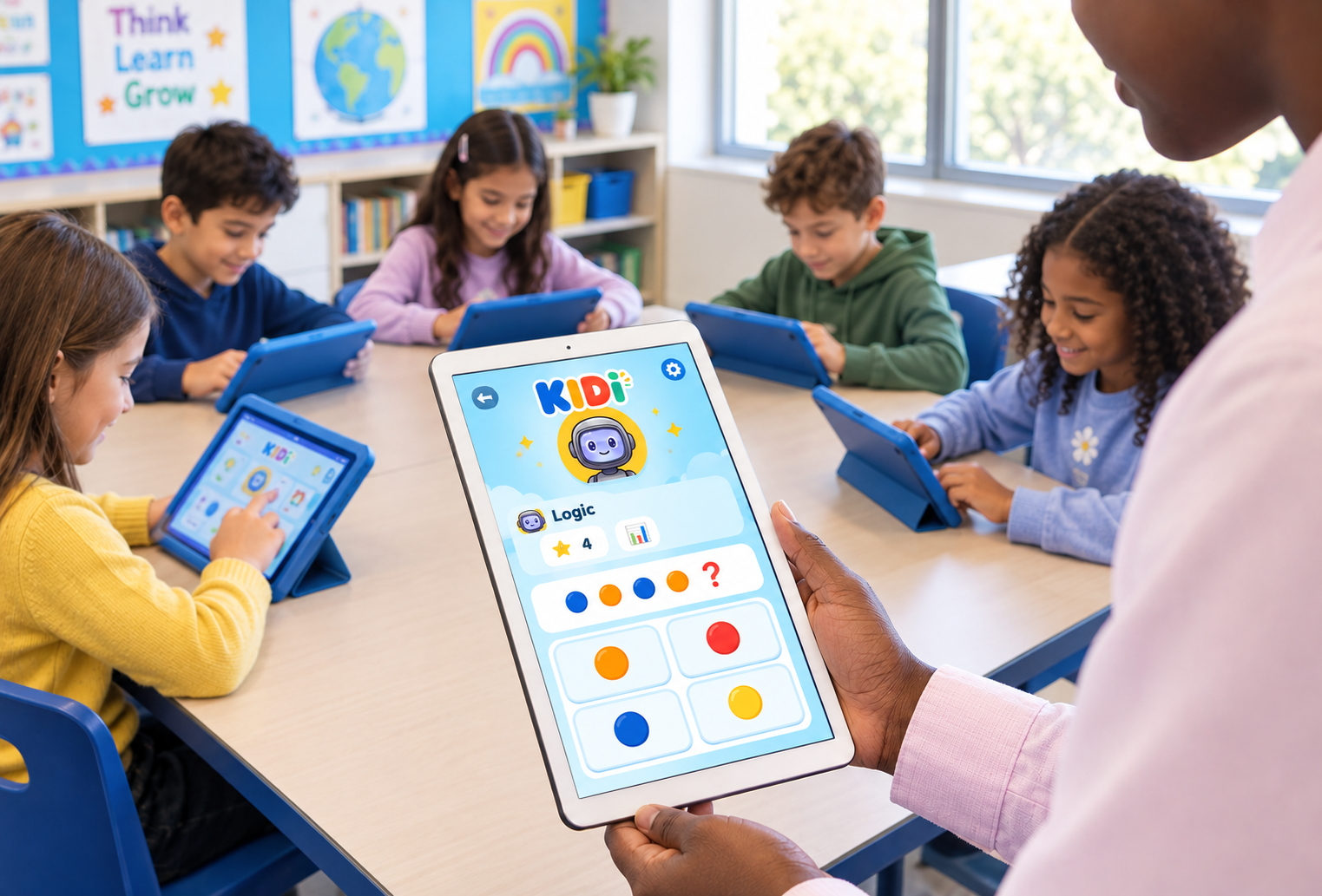 Kinder nutzen KiDI auf Tablets im Klassenzimmer mit ihrer Lehrerin