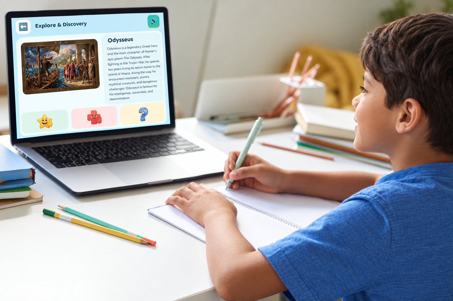 Ein Schüler erkundet die KiDI-Aktivität „Erkunden & Entdecken“ auf einem Laptop