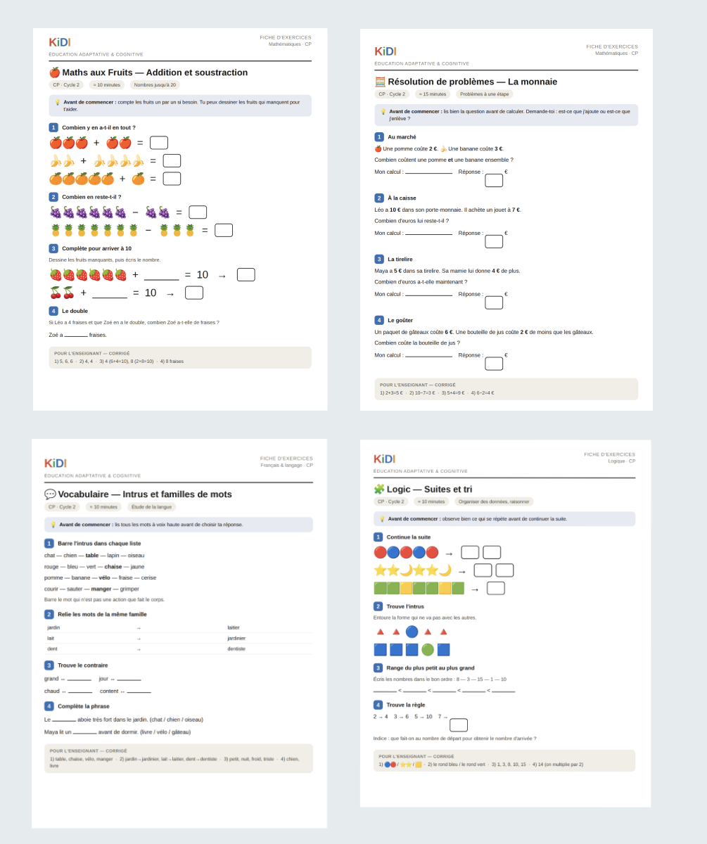 Printed KiDI worksheets, generated in one click from the app's content.